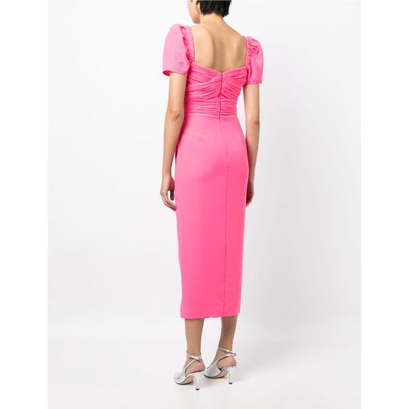 Self-Portrait Pink  Iris Puff-Sleeve Stretch Crepe Gathered Midi-Dress US 4 - Picture 4 of 14